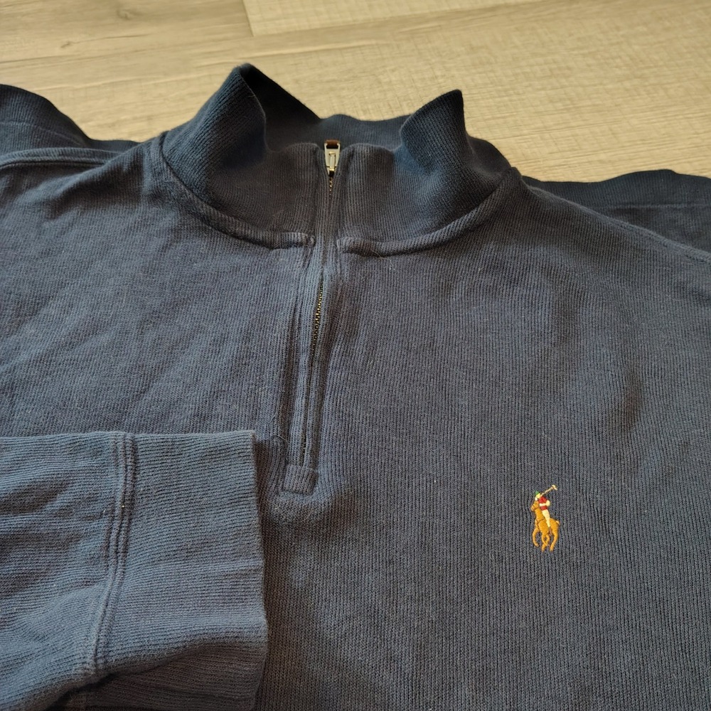 Polo Ralph Lauren Mens Large Estate Rib Quarter Zip Pullover Navy Blue Cotton